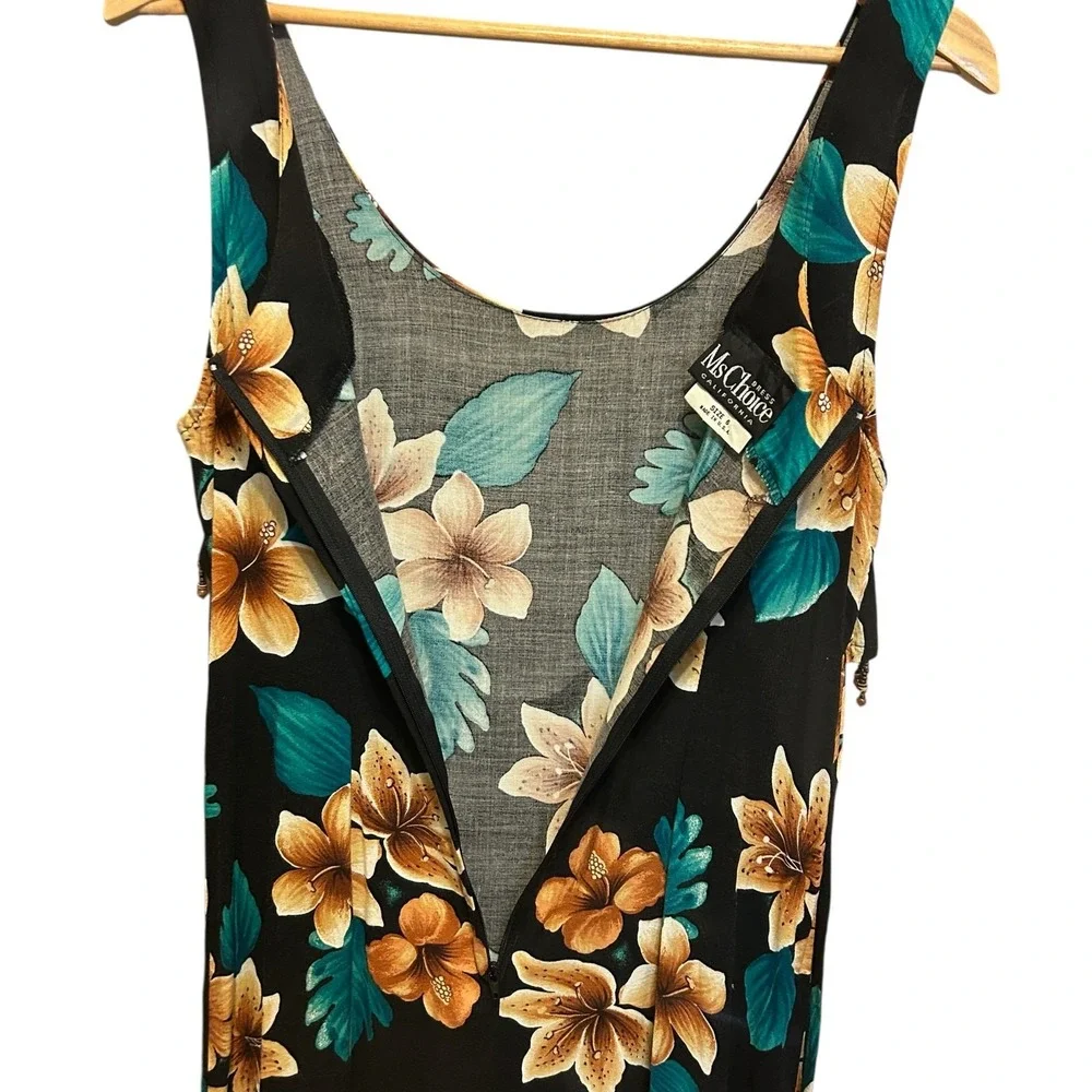 Vintage Y2K Maxi Dress 6‎ Black Tropical Floral Beaded Resort Beachwear Vacation